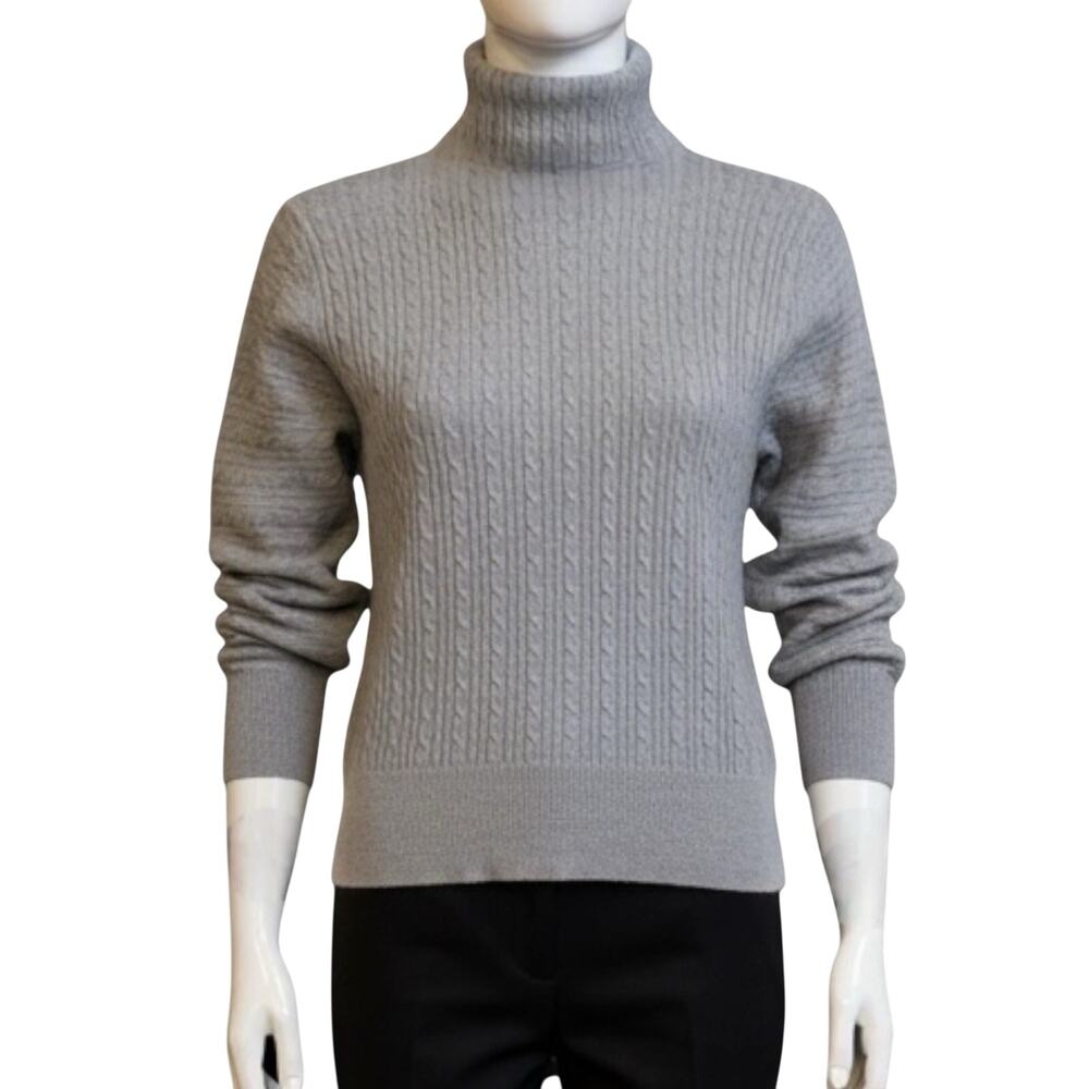 Tahari Gray Cable Knit Mock Neck Sweater Women’s Long Sleeve Classic Cozy-‎ M